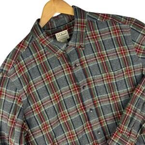 LL Bean Scotch Plaid Flannel Button Down Shirt Mens Large Tall Gray Cabin Camp